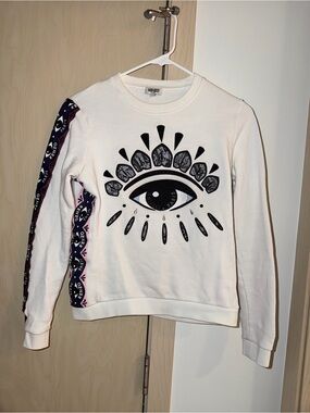 Kenzo White Sweatshirt with Black Eye Graphic and Navy-Pink Trim